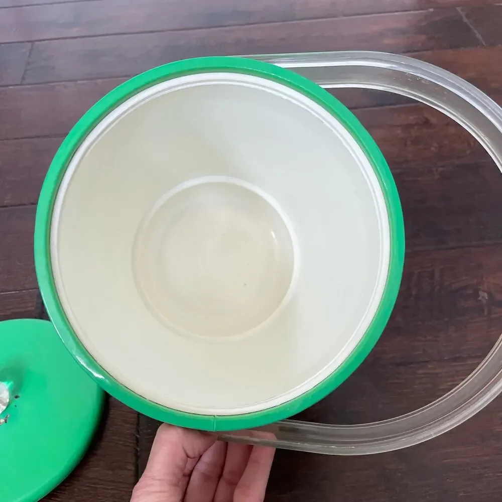 Mid Century Ice Bucket Lucite Handle & Knob Green Padded Vinyl Vintage FLAW